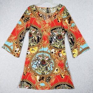 White Mark Women's Red Multi Geometric Bell Sleeve Shift Dress Size Small